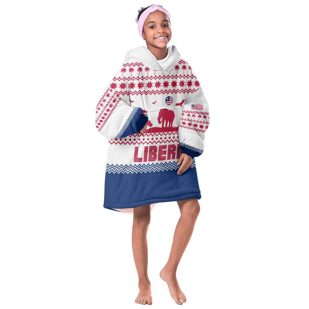 Liberia Christmas Kid Wearable Blanket Hoodie Red Wildlife Silhouettes and White Blue Holiday - African Pride