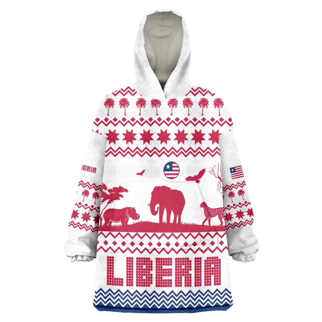 Liberia Christmas Kid Wearable Blanket Hoodie Red Wildlife Silhouettes and White Blue Holiday - African Pride