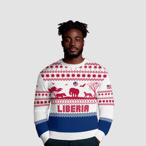 Liberia Christmas Ugly Christmas Sweater Red Wildlife Silhouettes and White Blue Holiday - African Pride