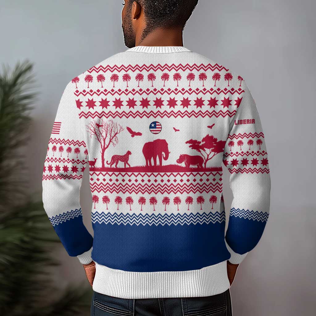 Liberia Christmas Ugly Christmas Sweater Red Wildlife Silhouettes and White Blue Holiday - African Pride