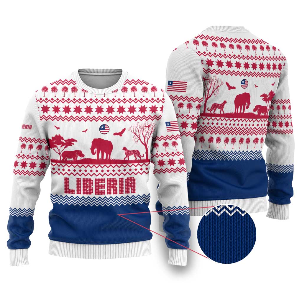 Liberia Christmas Ugly Christmas Sweater Red Wildlife Silhouettes and White Blue Holiday - African Pride