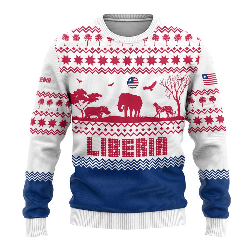 Liberia Christmas Ugly Christmas Sweater Red Wildlife Silhouettes and White Blue Holiday - African Pride