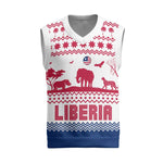 Liberia Christmas Knitted V-Neck Vest Red Wildlife Silhouettes and White Blue Holiday - African Pride