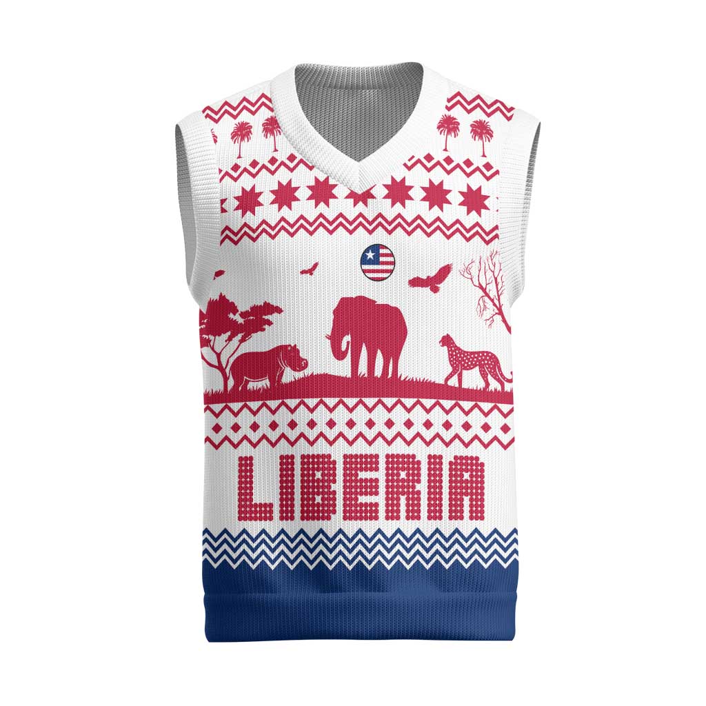 Liberia Christmas Knitted V-Neck Vest Red Wildlife Silhouettes and White Blue Holiday - African Pride