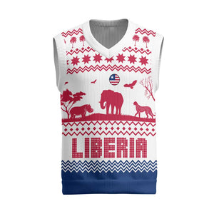 Liberia Christmas Knitted V-Neck Vest Red Wildlife Silhouettes and White Blue Holiday - African Pride