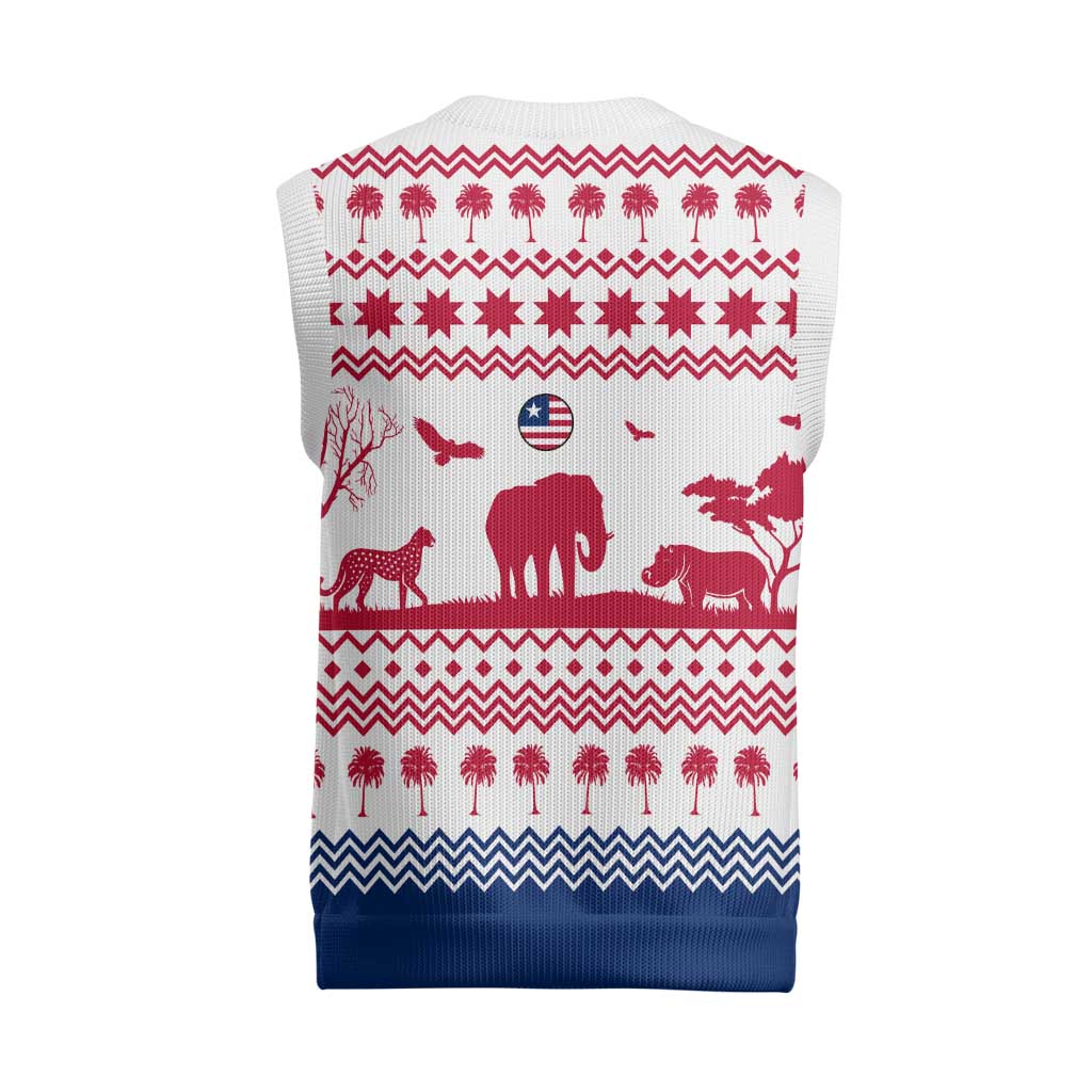 Liberia Christmas Knitted V-Neck Vest Red Wildlife Silhouettes and White Blue Holiday - African Pride