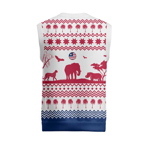Liberia Christmas Knitted V-Neck Vest Red Wildlife Silhouettes and White Blue Holiday - African Pride