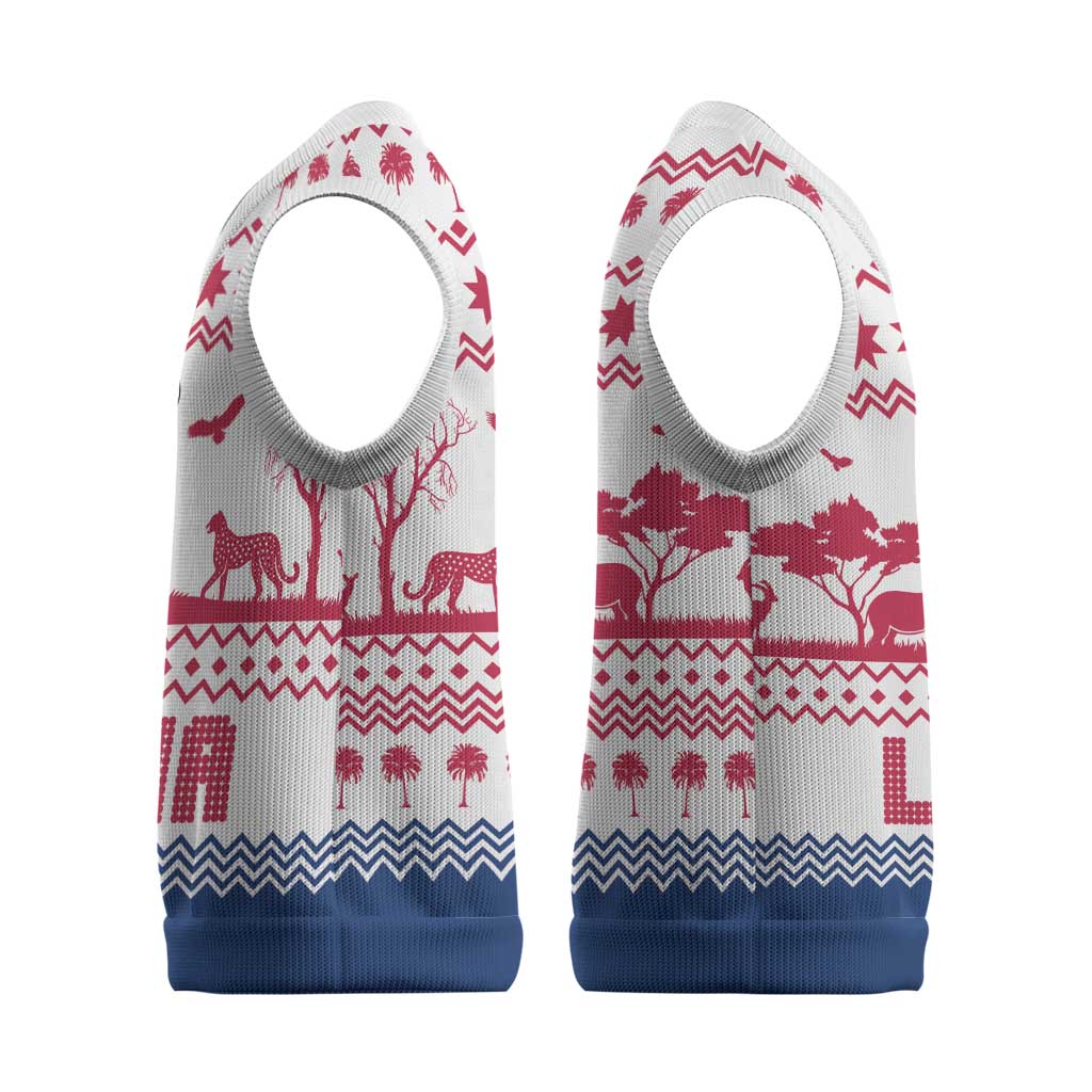 Liberia Christmas Knitted V-Neck Vest Red Wildlife Silhouettes and White Blue Holiday - African Pride