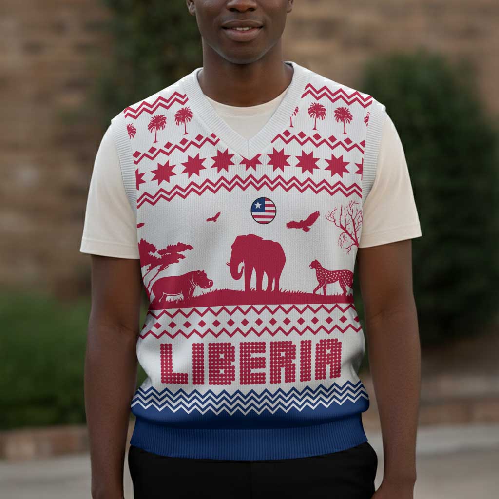 Liberia Christmas Knitted V-Neck Vest Red Wildlife Silhouettes and White Blue Holiday - African Pride