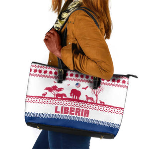 Liberia Christmas Leather Tote Bag Red Wildlife Silhouettes and White Blue Holiday - African Pride