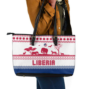 Liberia Christmas Leather Tote Bag Red Wildlife Silhouettes and White Blue Holiday - African Pride