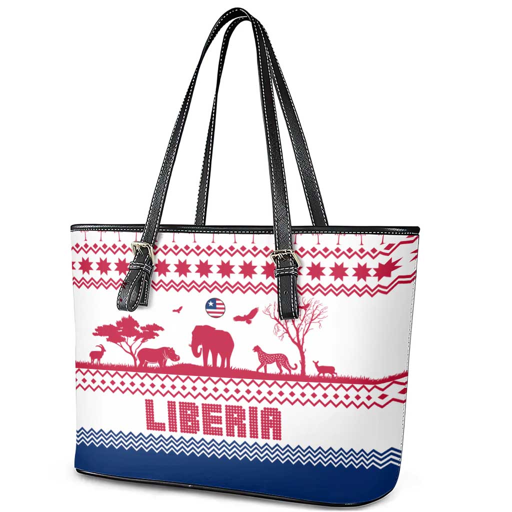 Liberia Christmas Leather Tote Bag Red Wildlife Silhouettes and White Blue Holiday - African Pride