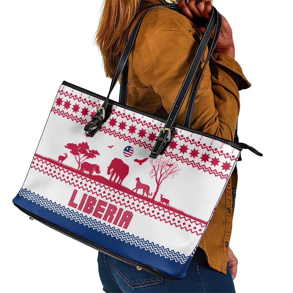 Liberia Christmas Leather Tote Bag Red Wildlife Silhouettes and White Blue Holiday - African Pride