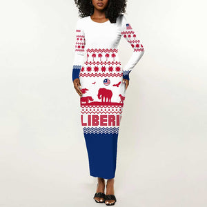 Liberia Christmas Long Sleeve Bodycon Dress Red Wildlife Silhouettes and White Blue Holiday - African Pride