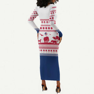 Liberia Christmas Long Sleeve Bodycon Dress Red Wildlife Silhouettes and White Blue Holiday - African Pride