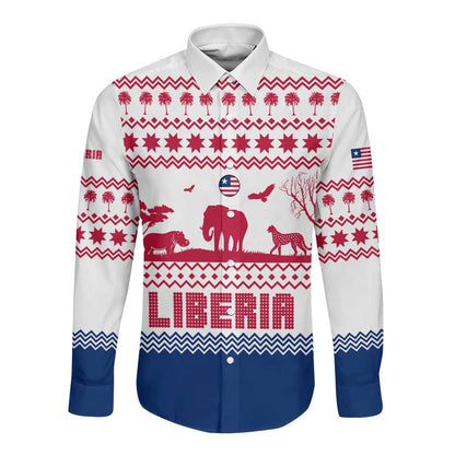 Liberia Christmas Long Sleeve Button Shirt Red Wildlife Silhouettes and White Blue Holiday - African Pride