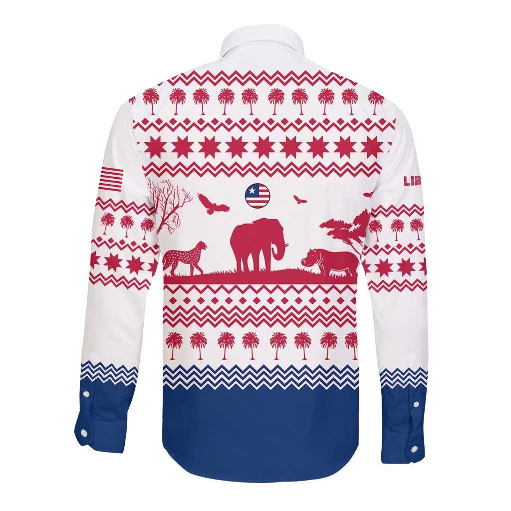 Liberia Christmas Long Sleeve Button Shirt Red Wildlife Silhouettes and White Blue Holiday - African Pride