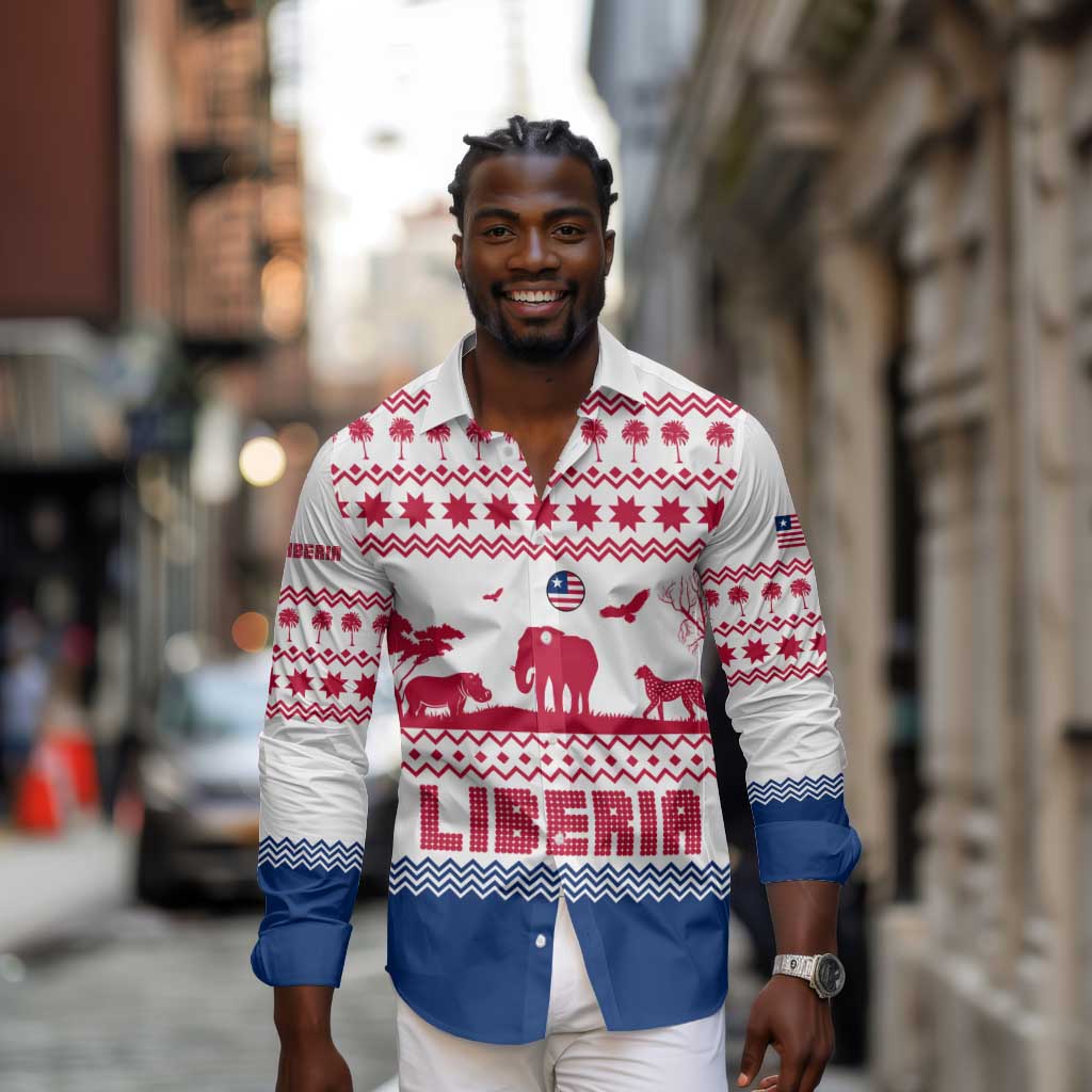 Liberia Christmas Long Sleeve Button Shirt Red Wildlife Silhouettes and White Blue Holiday - African Pride
