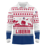 Liberia Christmas Long Sleeve Polo Shirt Red Wildlife Silhouettes and White Blue Holiday - African Pride