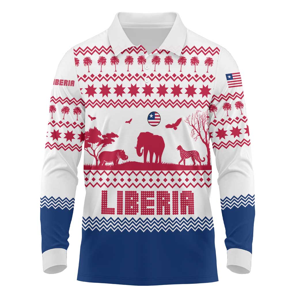 Liberia Christmas Long Sleeve Polo Shirt Red Wildlife Silhouettes and White Blue Holiday - African Pride