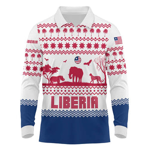 Liberia Christmas Long Sleeve Polo Shirt Red Wildlife Silhouettes and White Blue Holiday - African Pride