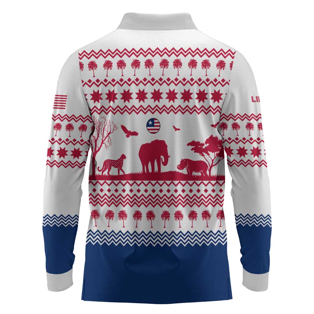 Liberia Christmas Long Sleeve Polo Shirt Red Wildlife Silhouettes and White Blue Holiday - African Pride