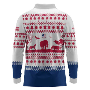 Liberia Christmas Long Sleeve Polo Shirt Red Wildlife Silhouettes and White Blue Holiday - African Pride