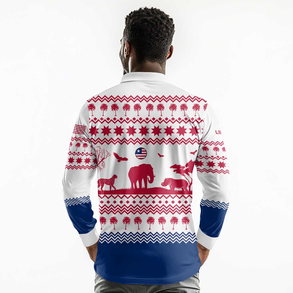 Liberia Christmas Long Sleeve Polo Shirt Red Wildlife Silhouettes and White Blue Holiday - African Pride