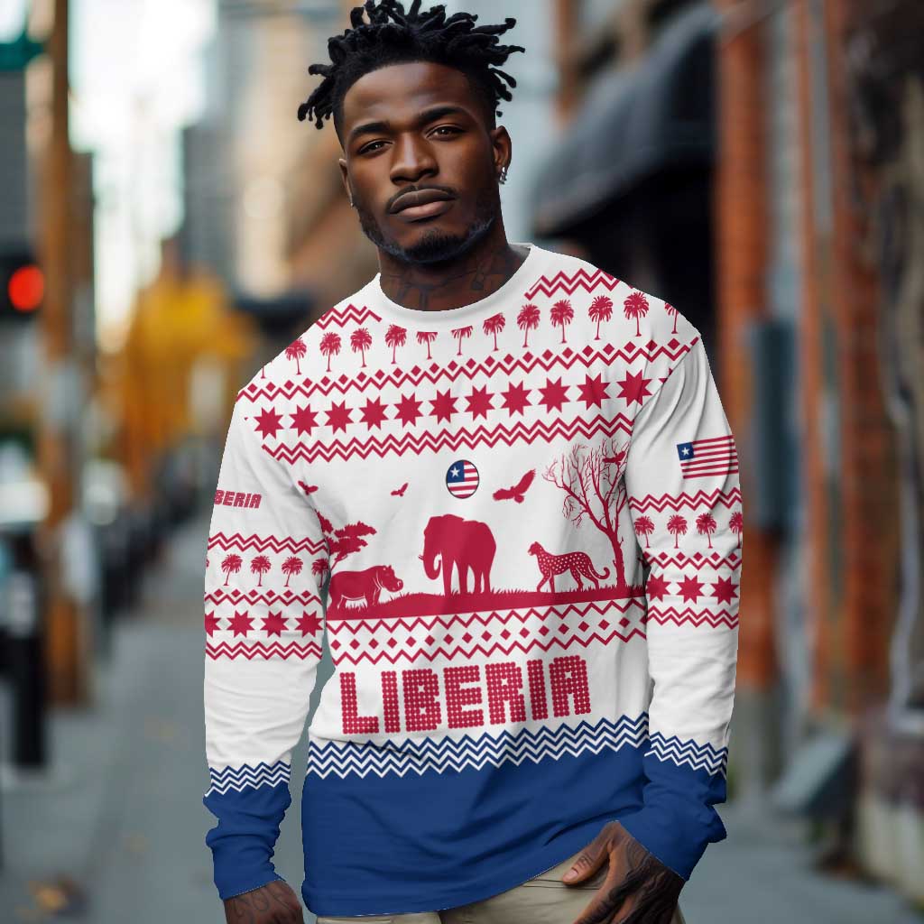 Liberia Christmas Long Sleeve Shirt Red Wildlife Silhouettes and White Blue Holiday - African Pride