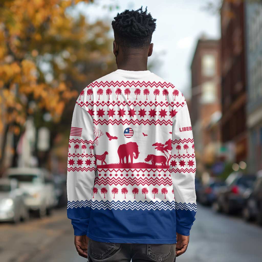Liberia Christmas Long Sleeve Shirt Red Wildlife Silhouettes and White Blue Holiday - African Pride