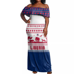 Liberia Christmas Off Shoulder Maxi Dress Red Wildlife Silhouettes and White Blue Holiday - African Pride