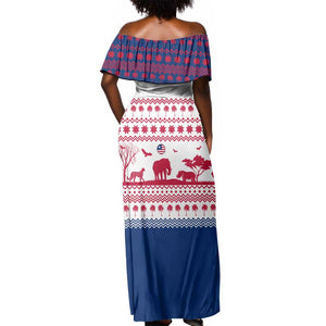 Liberia Christmas Off Shoulder Maxi Dress Red Wildlife Silhouettes and White Blue Holiday - African Pride