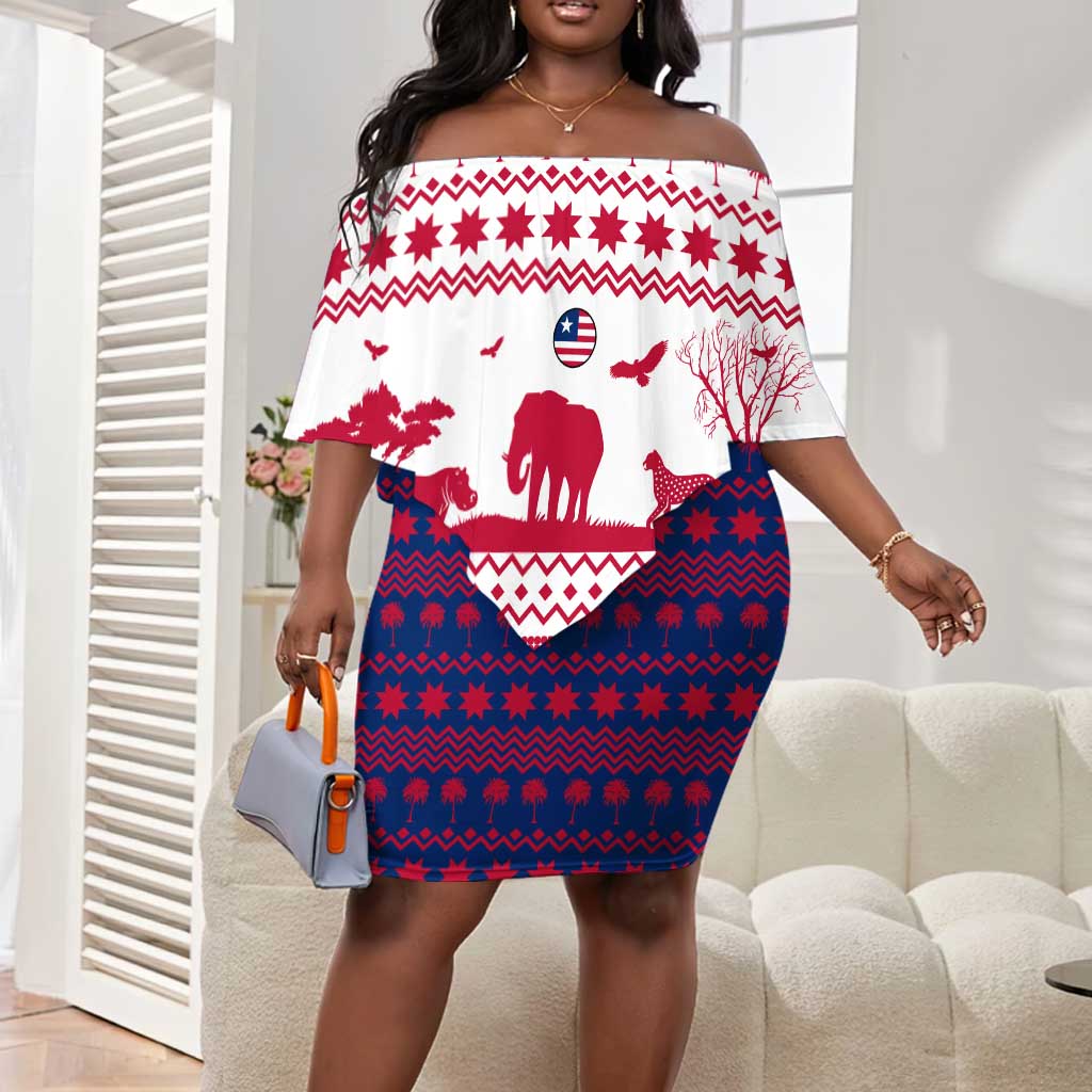 Liberia Christmas Off Shoulder Short Dress Red Wildlife Silhouettes and White Blue Holiday - African Pride