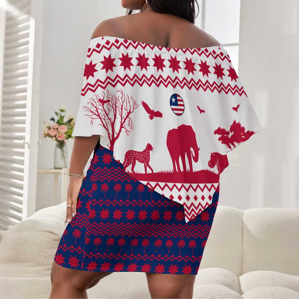 Liberia Christmas Off Shoulder Short Dress Red Wildlife Silhouettes and White Blue Holiday - African Pride