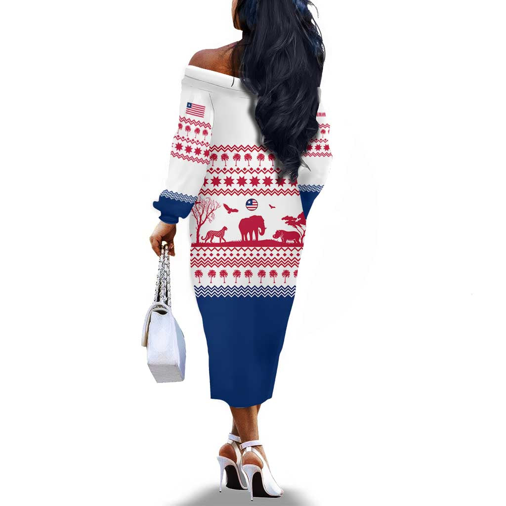 Liberia Christmas Off The Shoulder Long Sleeve Dress Red Wildlife Silhouettes and White Blue Holiday - African Pride