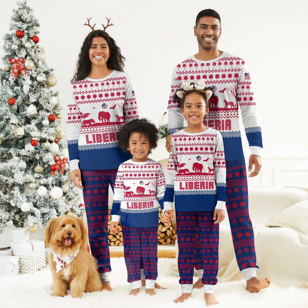 Liberia Christmas Pajama Set Red Wildlife Silhouettes and White Blue Holiday - African Pride