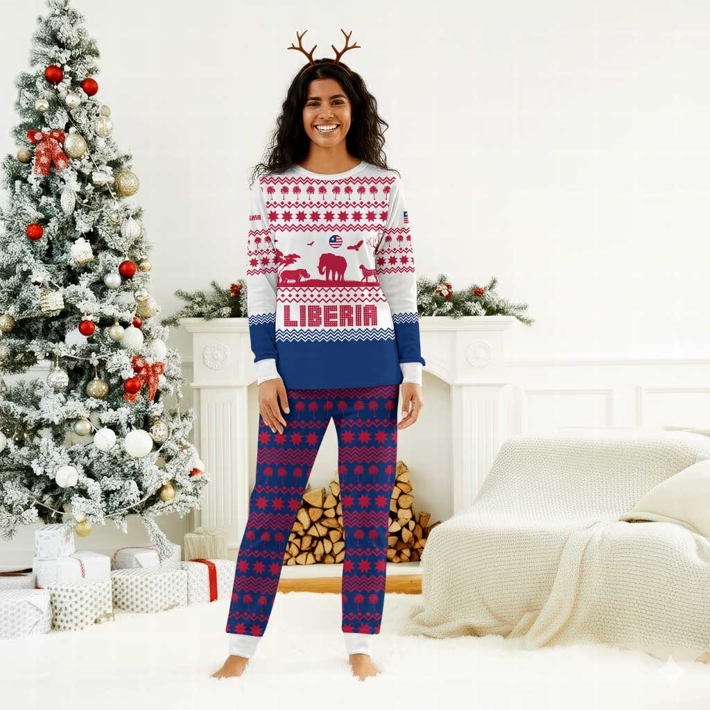 Liberia Christmas Pajama Set Red Wildlife Silhouettes and White Blue Holiday - African Pride