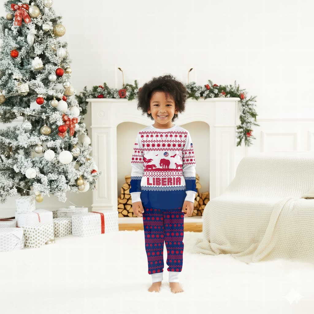 Liberia Christmas Pajama Set Red Wildlife Silhouettes and White Blue Holiday - African Pride