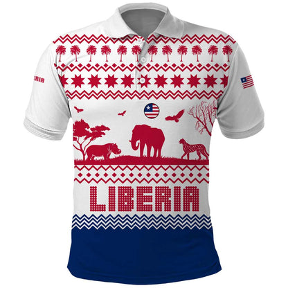 Liberia Christmas Polo Shirt Red Wildlife Silhouettes and White Blue Holiday - African Pride