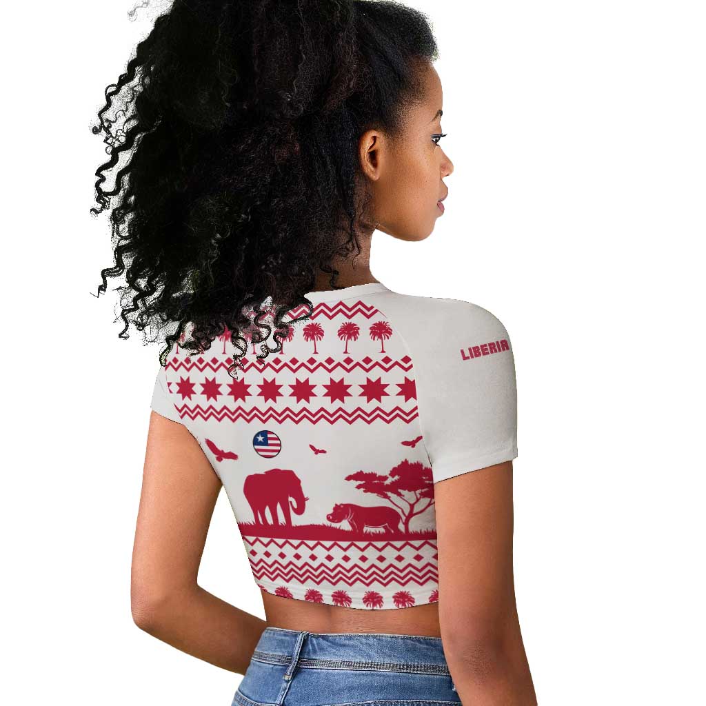 Liberia Christmas Raglan Cropped T shirt Red Wildlife Silhouettes and White Blue Holiday - African Pride