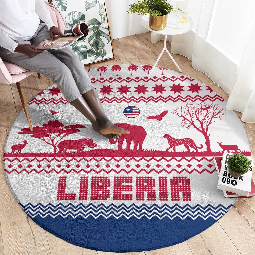 Liberia Christmas Round Carpet Red Wildlife Silhouettes and White Blue Holiday - African Pride