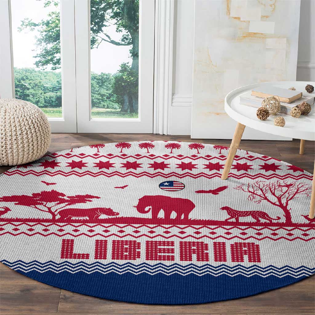 Liberia Christmas Round Carpet Red Wildlife Silhouettes and White Blue Holiday - African Pride