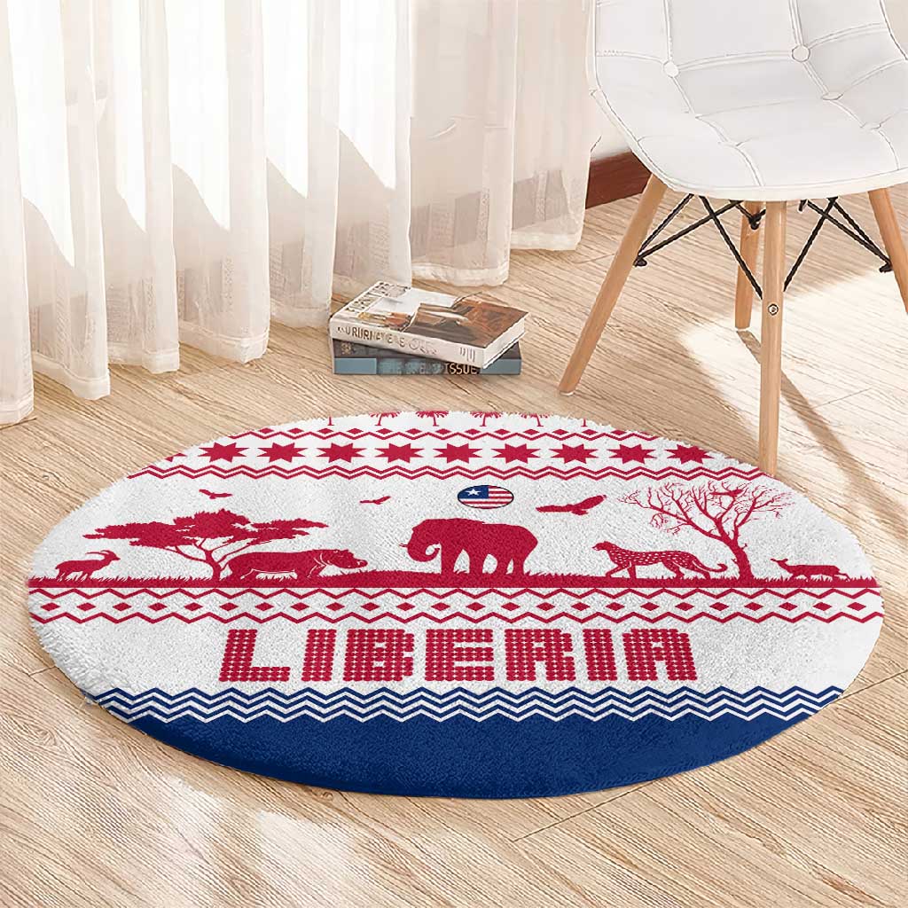 Liberia Christmas Round Carpet Red Wildlife Silhouettes and White Blue Holiday - African Pride