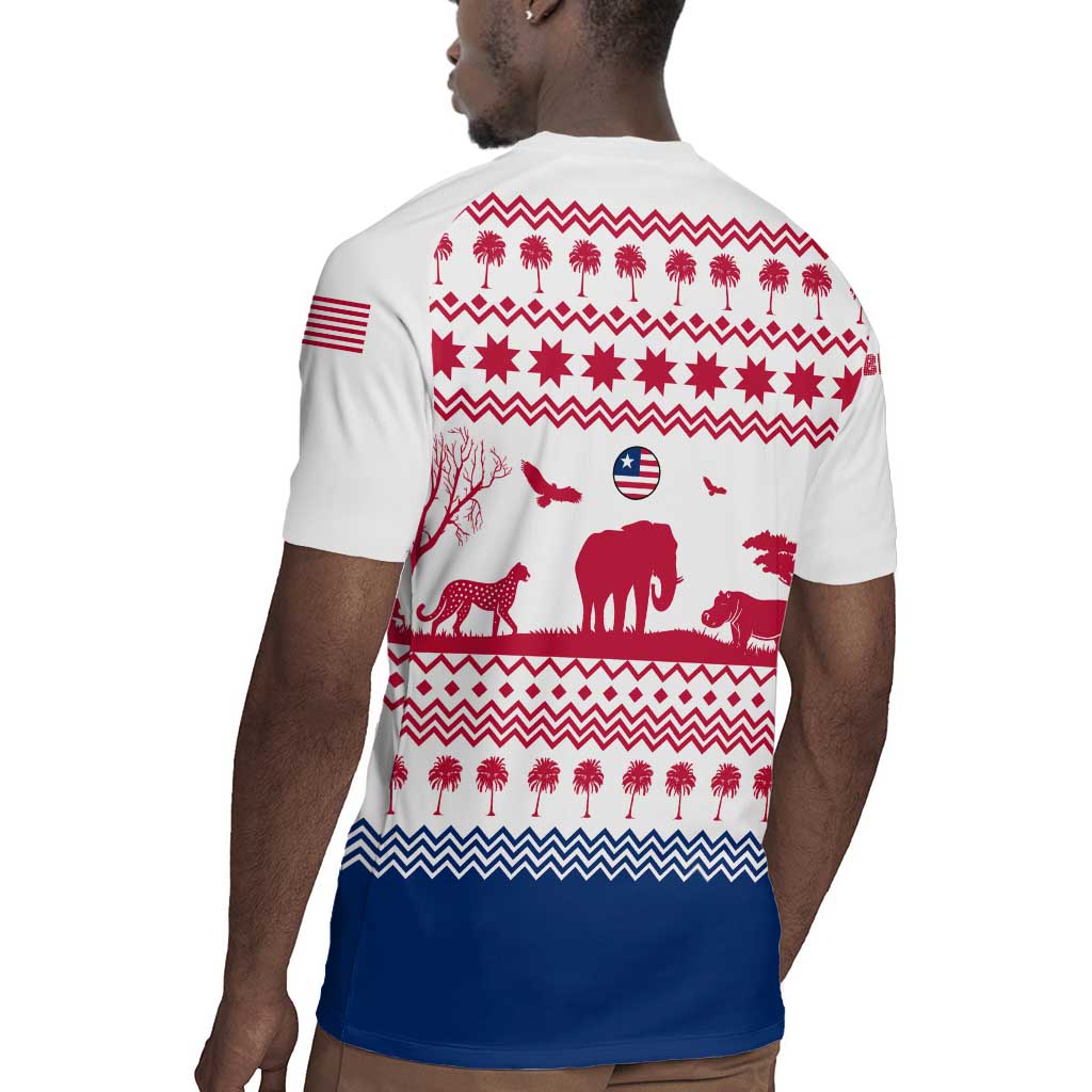 Liberia Christmas Rugby Jersey Red Wildlife Silhouettes and White Blue Holiday - African Pride