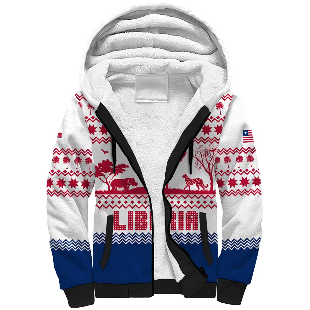 Liberia Christmas Sherpa Hoodie Red Wildlife Silhouettes and White Blue Holiday - African Pride