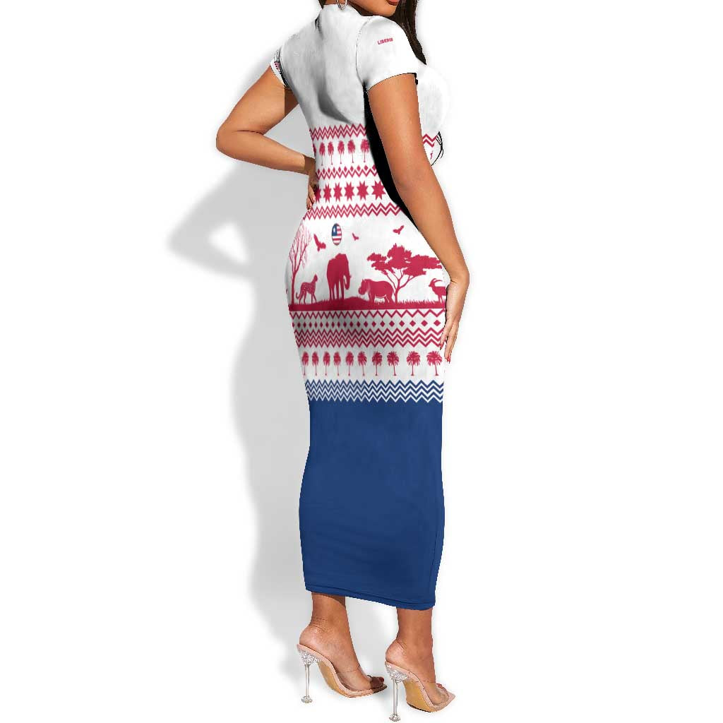 Liberia Christmas Short Sleeve Bodycon Dress Red Wildlife Silhouettes and White Blue Holiday - African Pride