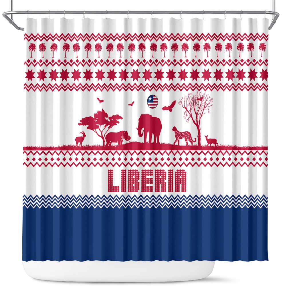 Liberia Christmas Shower Curtain Red Wildlife Silhouettes and White Blue Holiday - African Pride