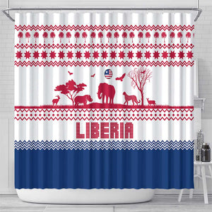 Liberia Christmas Shower Curtain Red Wildlife Silhouettes and White Blue Holiday - African Pride