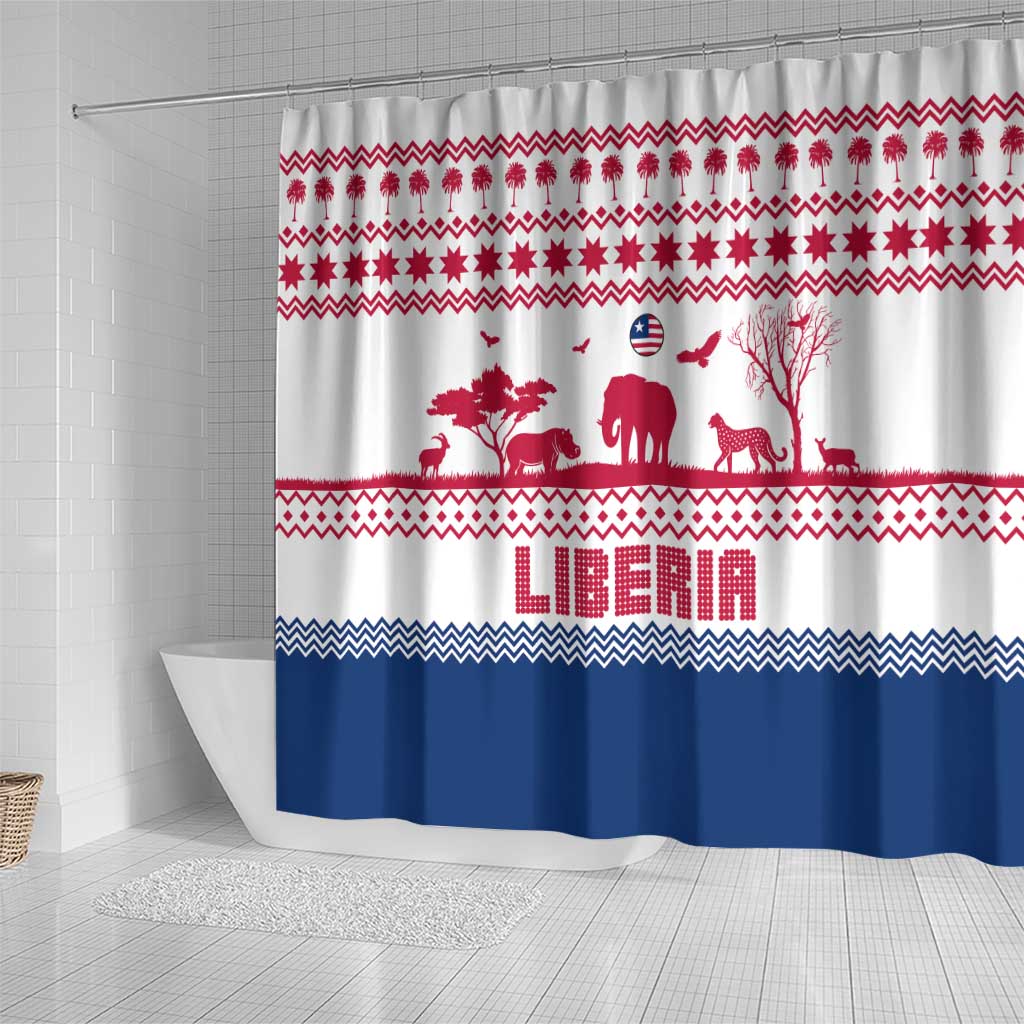 Liberia Christmas Shower Curtain Red Wildlife Silhouettes and White Blue Holiday - African Pride