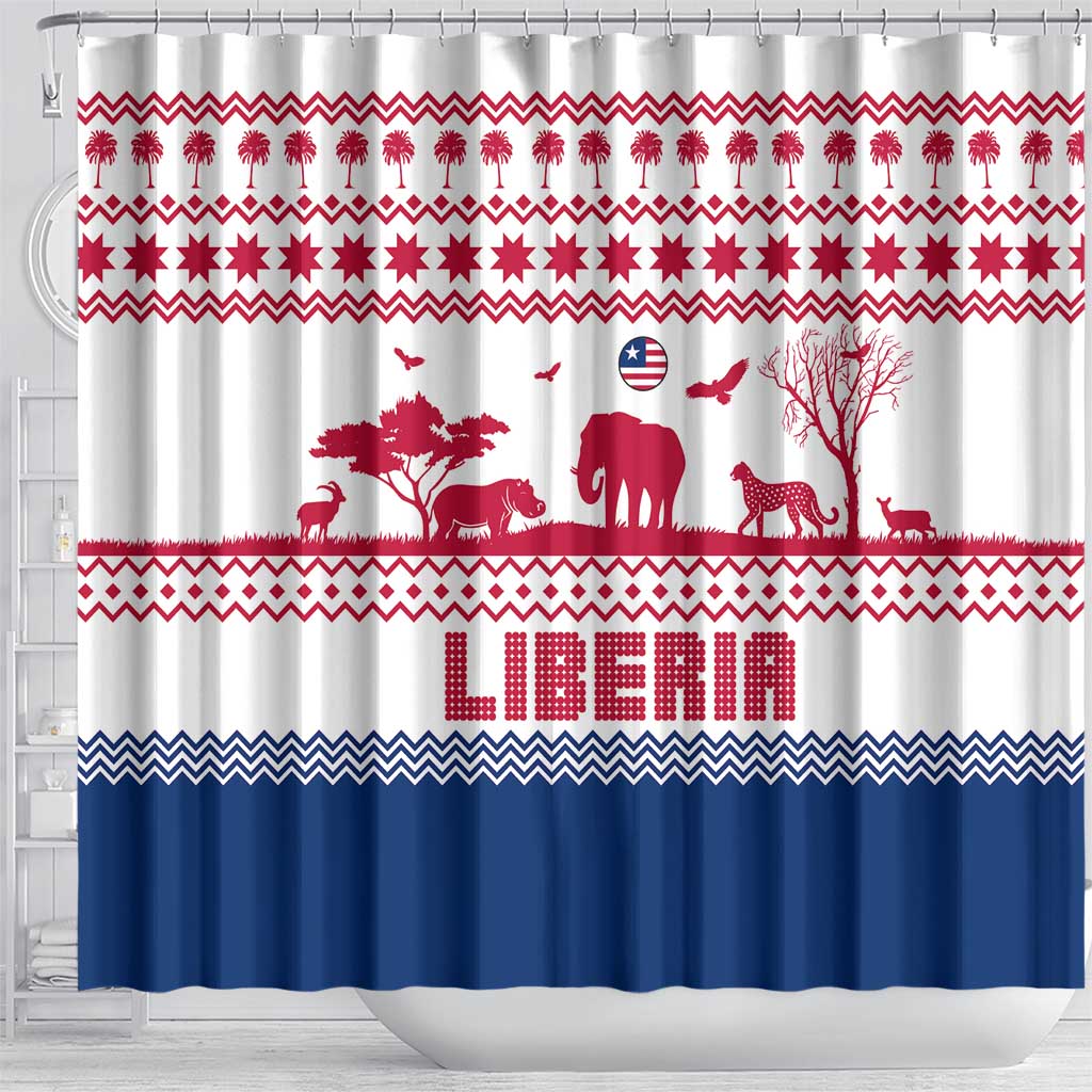 Liberia Christmas Shower Curtain Red Wildlife Silhouettes and White Blue Holiday - African Pride